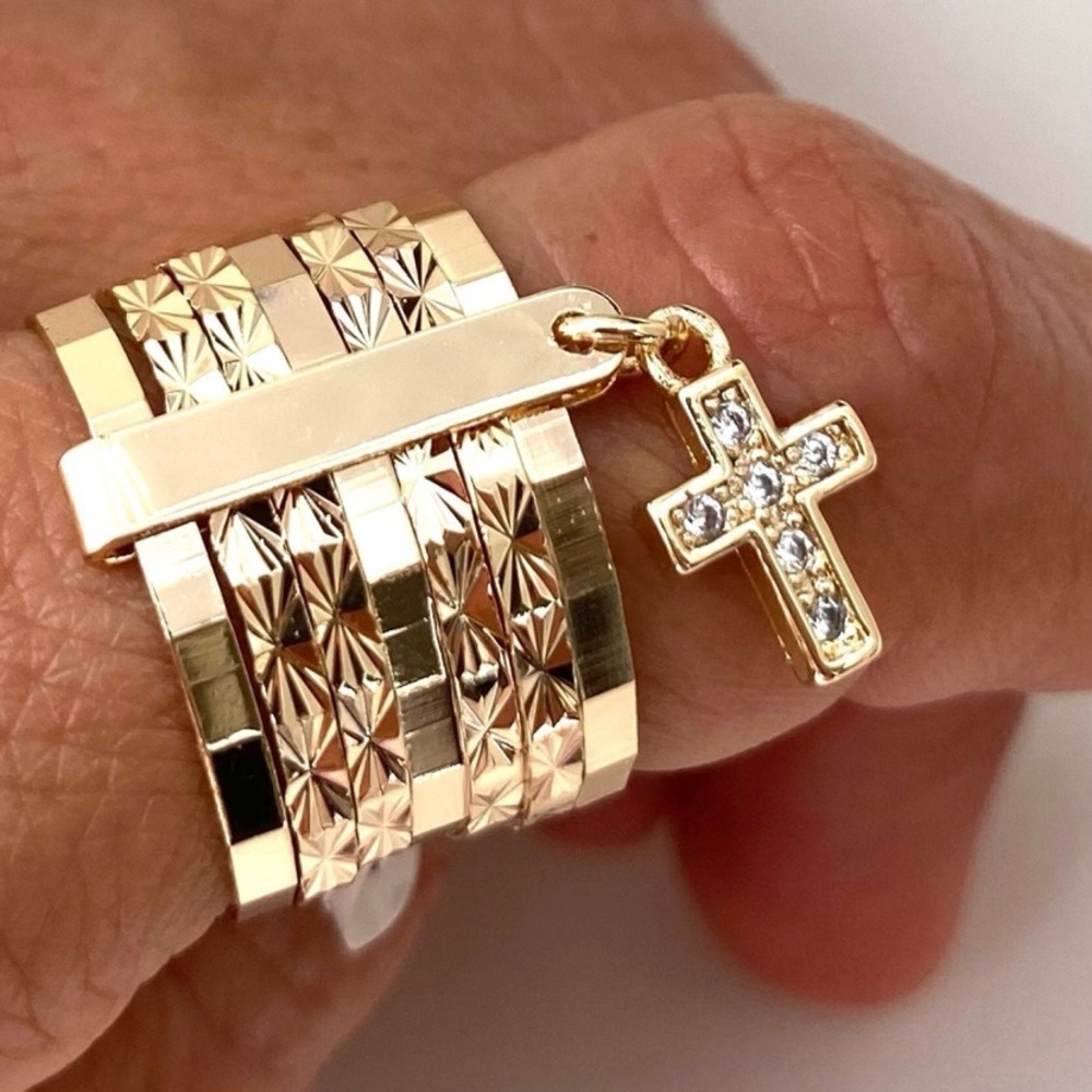Elegant Gold Rings with Geometric Design and Cross Pendant